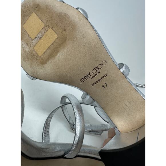 Jimmy Choo Rheea Metallic Block Heel Sandals Womens Size 37 US 7 Silver *READ - Picture 8 of 9